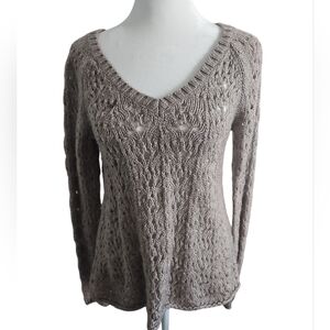 American Eagle Outfitters Lt Brown Wool Blend Open Crochet Knit V-Neck Sweater
